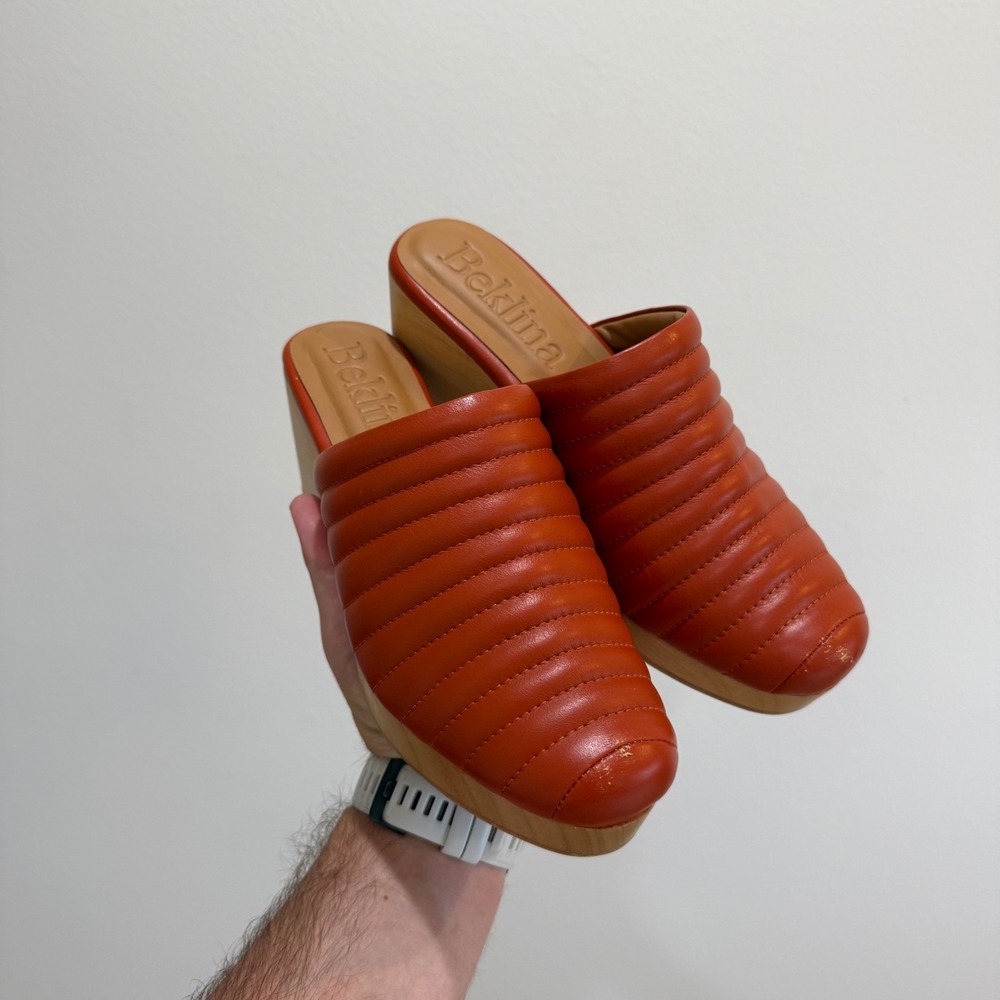 Beklina Burnt Orange Ribbed Leather Wood Platform Mules Clogs Womens 8.5